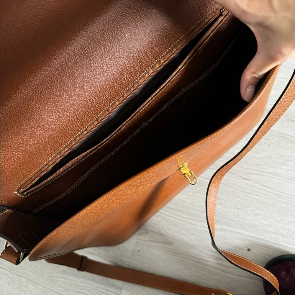 Tan Leather Top-Handle Briefcase with Gold Hardware